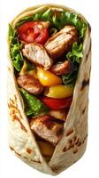 Grilled chicken wrap with fresh vegetables and flavorful sauce garnished with vibrant colors and textures photo