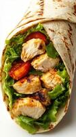 Grilled chicken wrap with fresh lettuce and tomatoes served in a soft tortilla photo