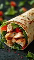Fresh tortilla wrap with grilled chicken and vegetables prepared in a kitchen setting photo