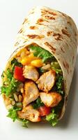 Delicious healthy burrito filled with grilled chicken, fresh vegetables, and rice wrapped in a warm tortilla photo