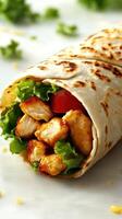 Delicious grilled chicken wrap with fresh vegetables and a warm tortilla served on a clean surface photo