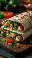 Delicious grilled chicken wrap prepared with fresh greens and cherry tomatoes on a rustic wooden table in a cozy kitchen setting photo