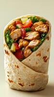 Delicious chicken wrap filled with fresh vegetables and flavorful spices served on a warm tortilla photo