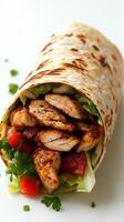 Grilled chicken wrap with fresh vegetables served on a clean white background photo