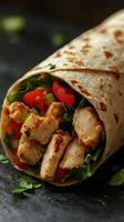 Delicious chicken wrap filled with fresh vegetables and herbs ready for a tasty meal photo