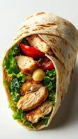 Grilled chicken wrap filled with fresh vegetables and herbs, perfect for a light meal or snack photo
