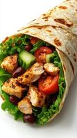 Delicious grilled chicken wrap filled with fresh vegetables, served in a soft tortilla, perfect for a healthy meal photo