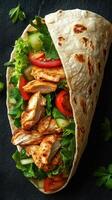 Grilled chicken wrap filled with fresh vegetables and wrapped in a soft flatbread photo
