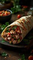 Delicious wrap filled with grilled meat and fresh vegetables on wooden background photo