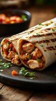 Grilled chicken wraps filled with fresh vegetables served on a rustic wooden table photo