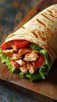 Delicious chicken wrap with fresh vegetables served on a wooden board in a cozy cafe setting photo