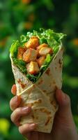 Delicious chicken wrap filled with fresh lettuce held against a vibrant green background in a casual setting photo