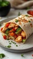 Delicious chicken and vegetable wrap served on a plate with fresh ingredients and savory salsa photo