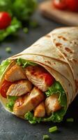 Freshly made chicken wrap filled with lettuce and tomatoes on a dark kitchen surface photo
