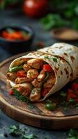 Delicious chicken wrap with fresh vegetables served on a wooden plate in a cozy kitchen setting photo