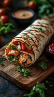 Delicious grilled chicken wrap with fresh vegetables and sauce served on a wooden board photo