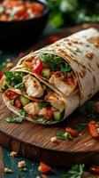 Fresh grilled chicken wraps with vegetables served on a wooden board in a cozy dining setting photo