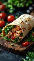 Delicious chicken wrap with fresh vegetables and tomatoes on a wooden board in a rustic kitchen setting photo