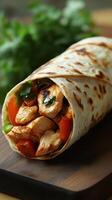 Deliciously wrapped chicken burrito with fresh vegetables served on a wooden board photo
