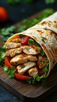 Delicious chicken wrap featuring grilled chicken, fresh vegetables, and herbs served on a rustic wooden board photo