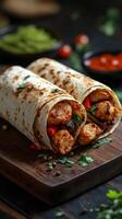 Delicious chicken wraps filled with spicy ingredients served on a wooden board photo