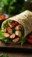 Grilled chicken wrap filled with fresh vegetables served on a wooden board photo