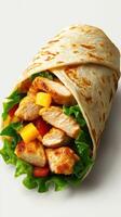 Grilled chicken wrap with fresh vegetables served on a soft tortilla in a bright setting photo