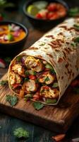 Delicious grilled chicken wrap filled with fresh vegetables served on a wooden board photo
