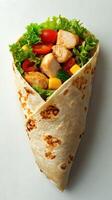 Fresh chicken wrap filled with colorful vegetables and greens on a white background at a casual dining setting photo