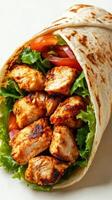 Savory grilled chicken wrap filled with fresh vegetables and wrapped in warm tortilla photo
