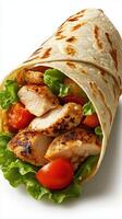 Delicious grilled chicken wrap with fresh vegetables prepared for a satisfying meal photo