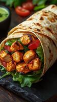 Delicious grilled chicken wrap with fresh vegetables, served with salsa, perfect for a quick meal at lunchtime photo