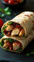 Delicious chicken wrap with lettuce and sun-dried tomatoes prepared for a quick meal photo