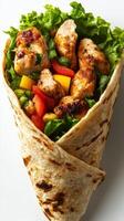 Delicious chicken wrap filled with fresh vegetables and herbs ready to be enjoyed for lunch photo