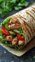 Grilled chicken wrap with fresh vegetables on a rustic surface in a cozy dining setting photo