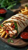 Delicious grilled chicken wrap served with fries and dipping sauce at a casual dining restaurant photo