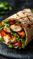 Delicious grilled chicken wrap filled with fresh vegetables and herbs served on a dark slate background photo