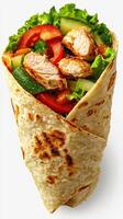 Fresh chicken wrap filled with vegetables served in a grilled tortilla on a white background photo