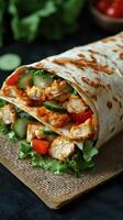 Savory grilled chicken wrap with fresh vegetables served on a rustic burlap backdrop photo