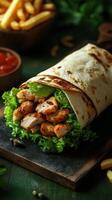 Delicious grilled chicken wrap with fresh lettuce and savory spices served with fries and dipping sauce photo