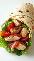 Delicious wrap filled with grilled chicken, fresh vegetables, and crispy bacon prepared in a clean kitchen photo