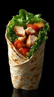 Grilled chicken wrap with fresh vegetables wrapped in soft tortilla during evening meal photo