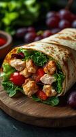 Delicious grilled chicken wrap with fresh vegetables served on a wooden board in a casual setting photo