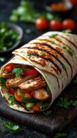 Delicious grilled chicken wrap filled with fresh vegetables and herbs on a rustic wooden board photo
