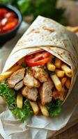 Delicious wrap filled with grilled chicken, fresh vegetables, and crispy fries served on a wooden table photo