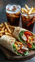 Delicious grilled chicken wraps served with french fries and cold beverages at a casual dining location photo