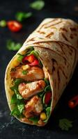 Grilled chicken wrap with fresh vegetables and spices ready to be enjoyed at lunchtime photo