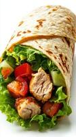 Fresh chicken wrap filled with colorful vegetables and greens ready to be enjoyed for a healthy meal photo
