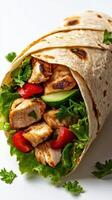 Delicious chicken wrap with fresh vegetables served in a soft tortilla at a casual dining setting photo