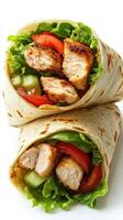Grilled chicken wraps filled with fresh vegetables and greens served on a white background photo